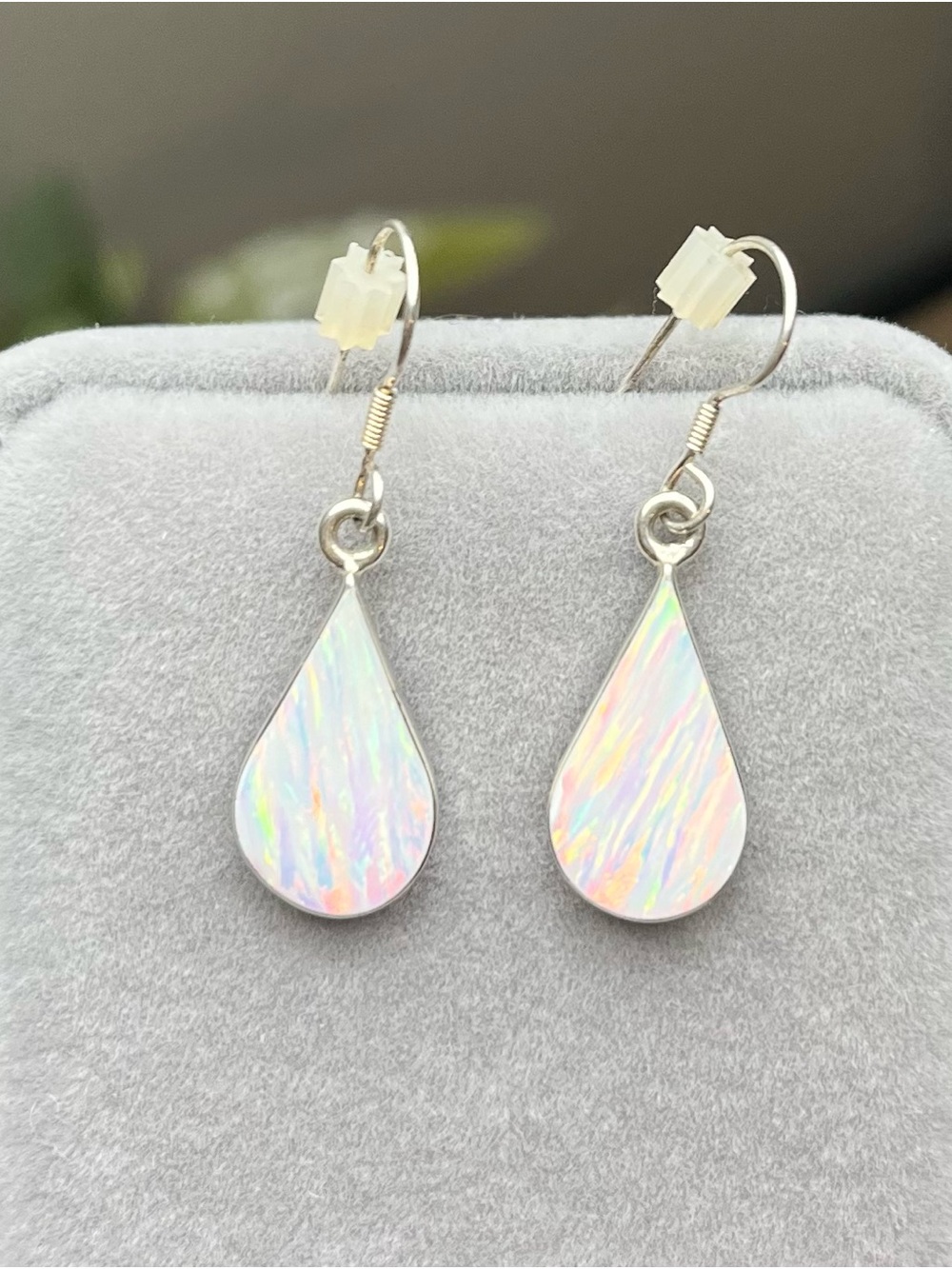 Teardrop Opal Dangle Earrings - White Iridescent - 950 Silver Vintage Mexico